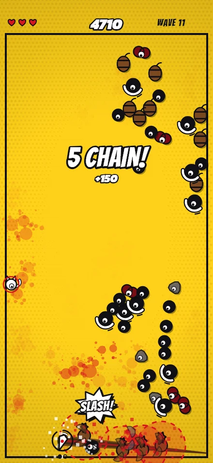 DASH: 5 CHAIN! and plus 150 over a crowd of drones, kegs and shells, ZING! in a starburst where the blade went through.