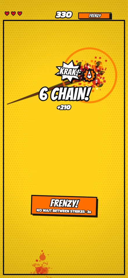 DASH: FRENZY switches on after a six chain, its caption reading no wait between strikes, the timer bar at the top of the panel.