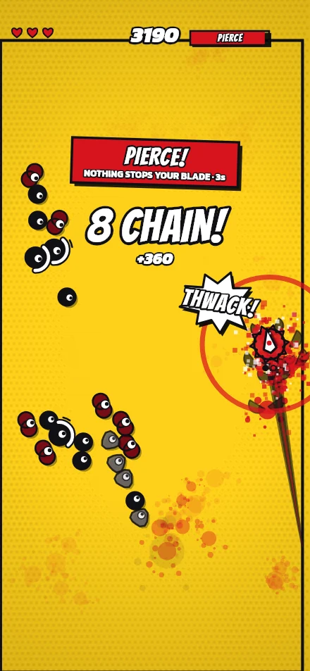 DASH in play: the blade cuts an eight chain through a swarm on comic yellow, with PIERCE switched on and THWACK! in a starburst.