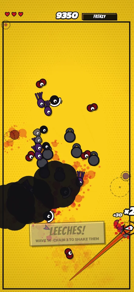 DASH: LEECHES! in a caption box, an ink squid's black cloud hiding part of the swarm, purple squids and drones all round the blade.