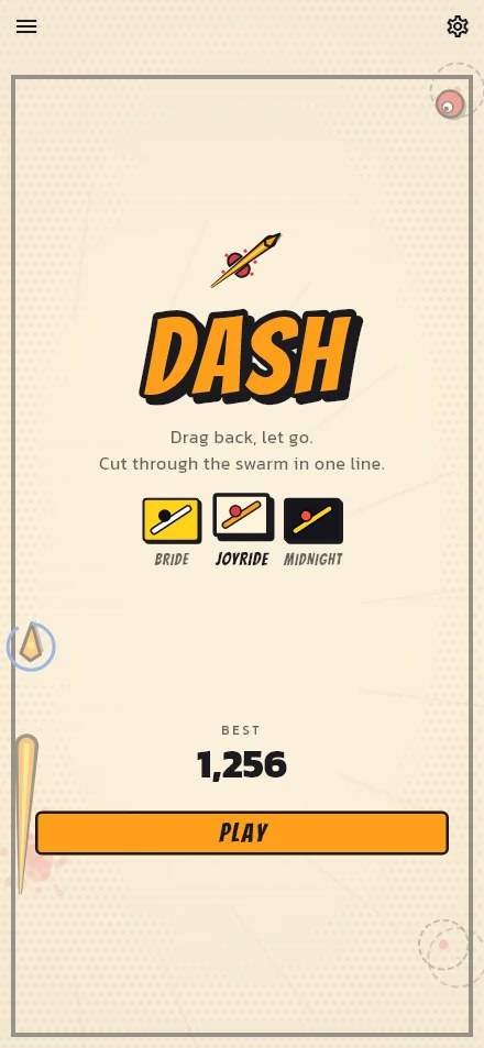 DASH's title screen in Joyride: a cream cartoon panel with a jet-orange blade.