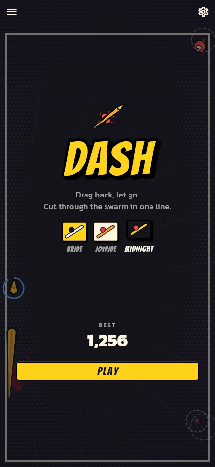 DASH's title screen in Midnight: dark paper with a yellow blade.