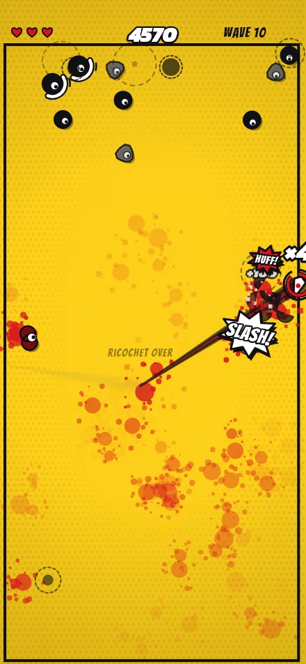 DASH at wave 10: the blade just through a chain of four, SLASH! in a starburst, a ricochet just over.