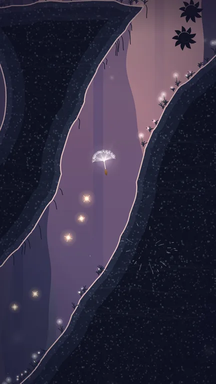 Drift's cave in GUST: the seed floats through a wide purple chamber.