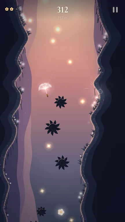 A run in GUST: a glowing dandelion seed falls down a dusk-purple ravine between dark walls, with pollen lights ahead of it.
