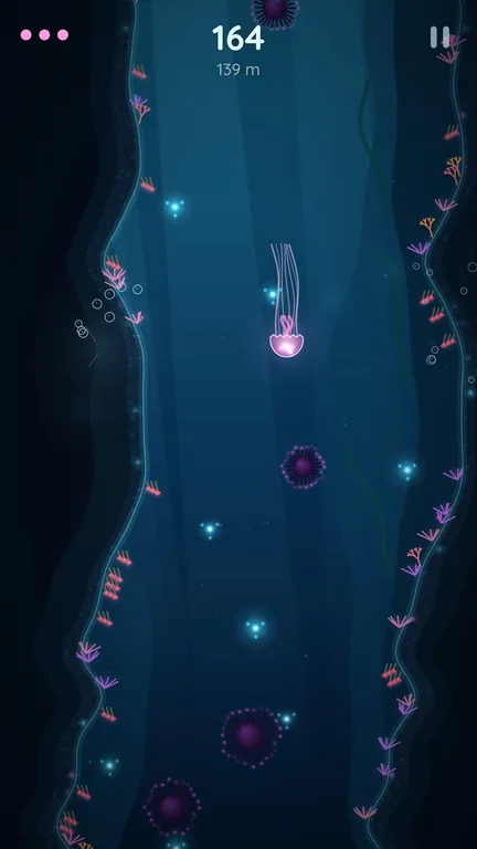 The same run in the Lumen look: a glowing jellyfish carried through a deep blue sea cave.