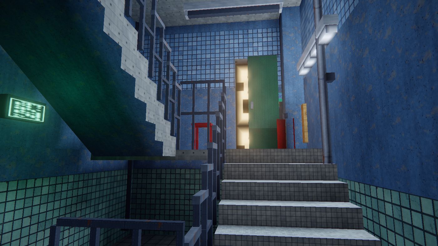 ELEVEN FLIGHTS — Green tile to shoulder height, and one working tube in four.
