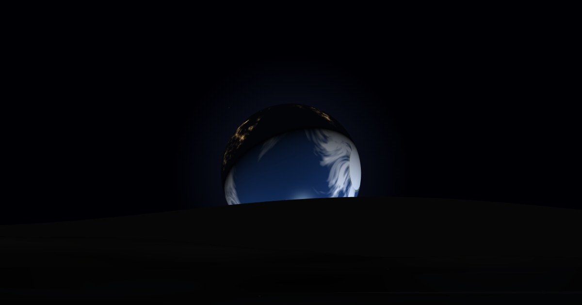 A large, mostly lit Earth rising over the grey skyline of the Moon, the bottom of the planet still hidden behind the hills.