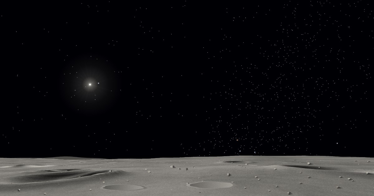 The Sun blazing over a sunlit lunar plain, with stars scattered across the black sky all around it.