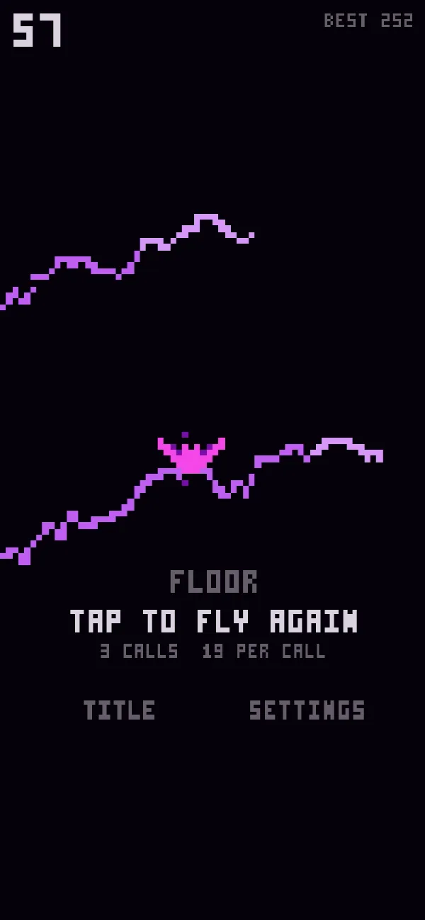 NOCTULE's game-over screen reading FLOOR, TAP TO FLY AGAIN, and 3 CALLS 19 PER CALL, with the run's distance at the top.