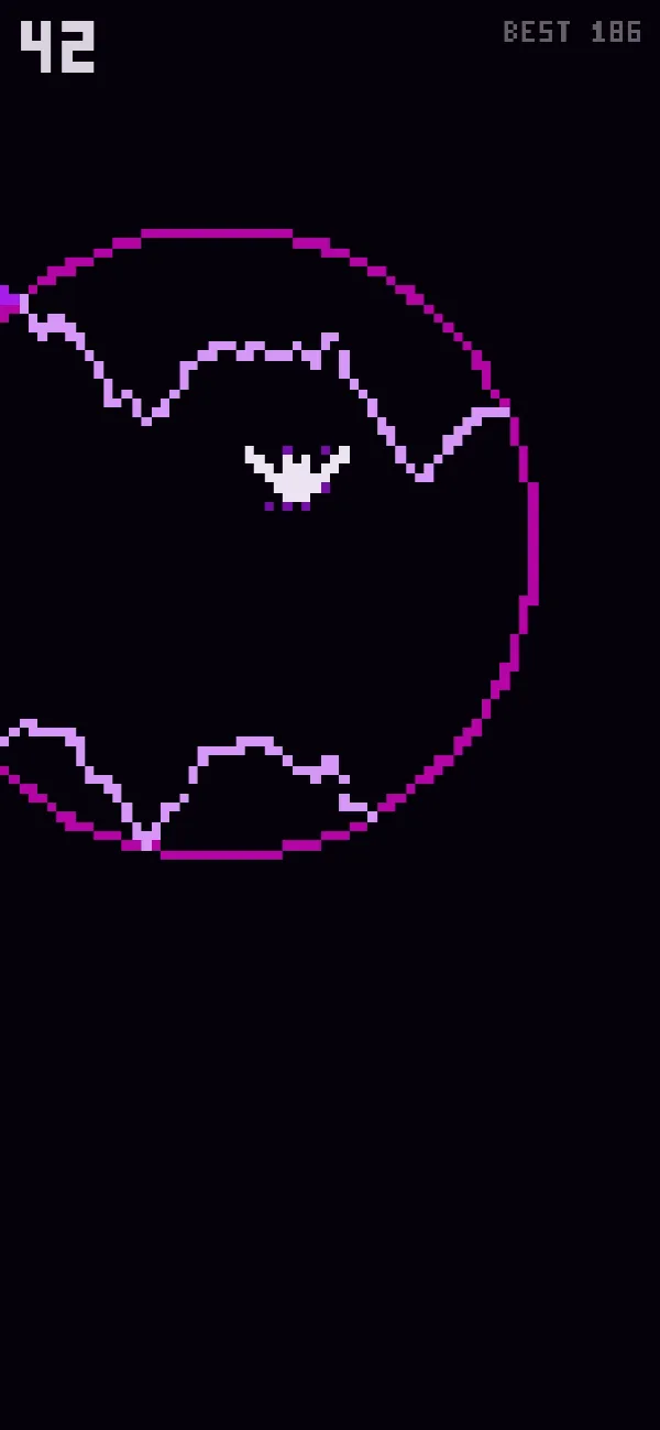 Mid-flight: a magenta wavefront expanding from the bat, lighting the violet pixel ceiling and floor where it crosses them.