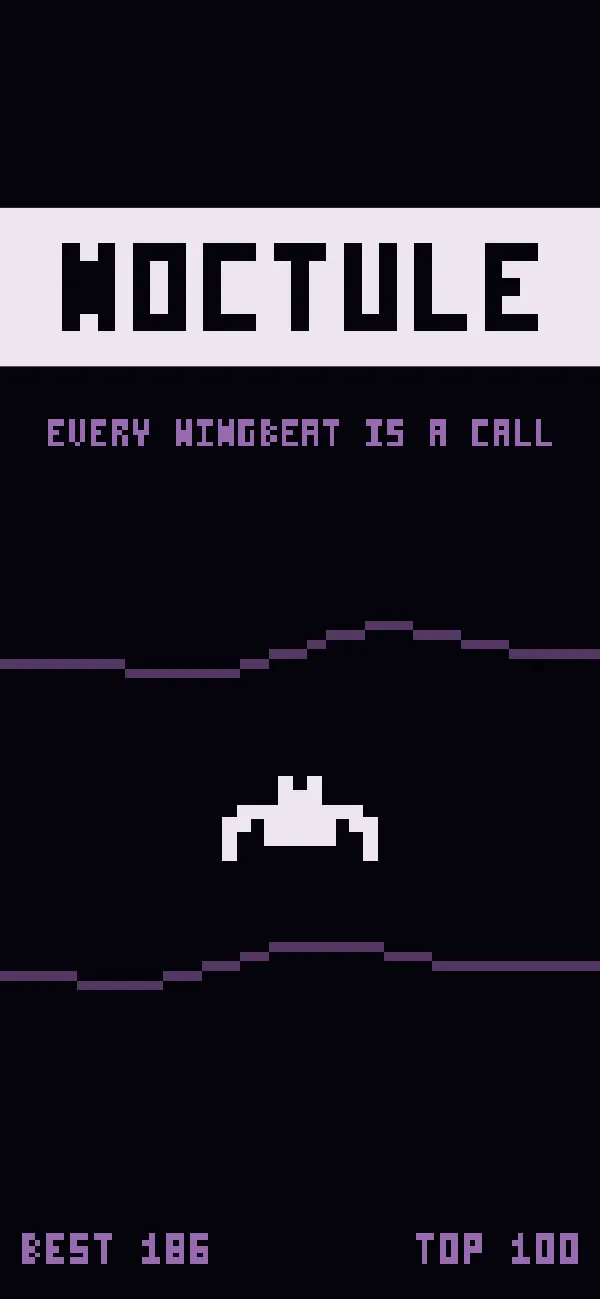 NOCTULE's title screen: the word NOCTULE knocked out of a pale slab, the line EVERY WINGBEAT IS A CALL beneath it, and a pixel bat between two dim cave walls.