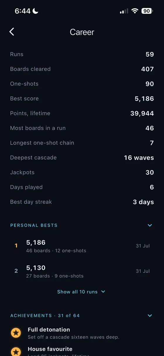 The Career screen listing lifetime statistics — runs, boards cleared, one-shots, best score, longest chain, deepest cascade — above personal bests and achievements.