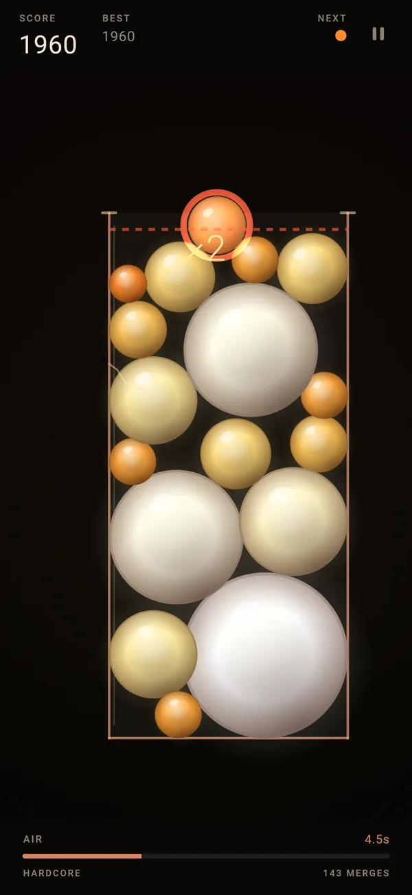A Hardcore run on the edge: an orb sits above the rim glowing red, the rim line has turned red, and AIR reads 4.5 seconds.