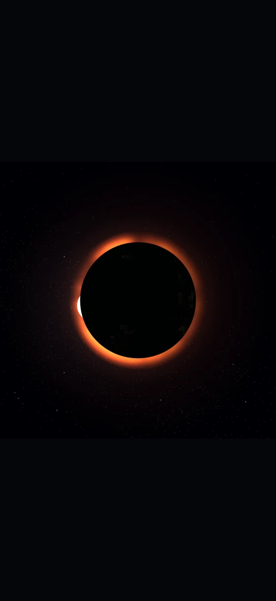 A solar eclipse seen from the Moon: Earth as a black disc ringed with orange refracted sunlight, city lights scattered across its night side.