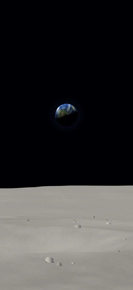 Earth small and distant above a brightly sunlit lunar plain strewn with boulders and shallow craters.