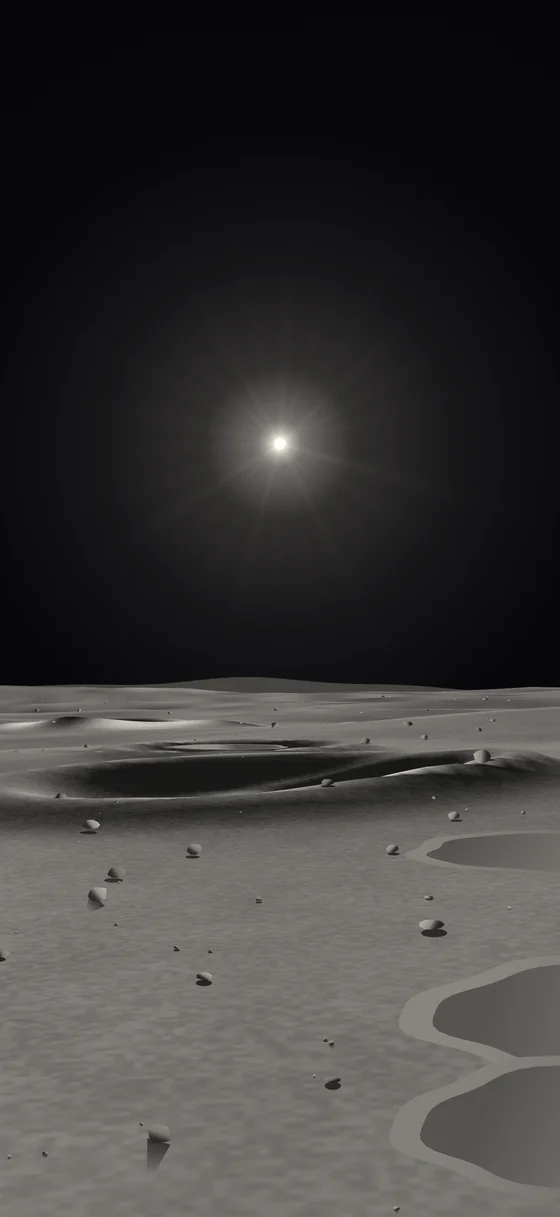 The Sun as a hard starburst in a black sky above a grey lunar plain, crater rims and scattered boulders lit from a low angle.