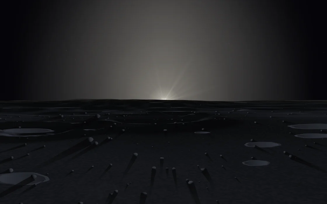 Sunrise at Tranquility Base: the Sun breaking the horizon of a grey plain, throwing shadows from every boulder straight towards the viewer, under a black sky.