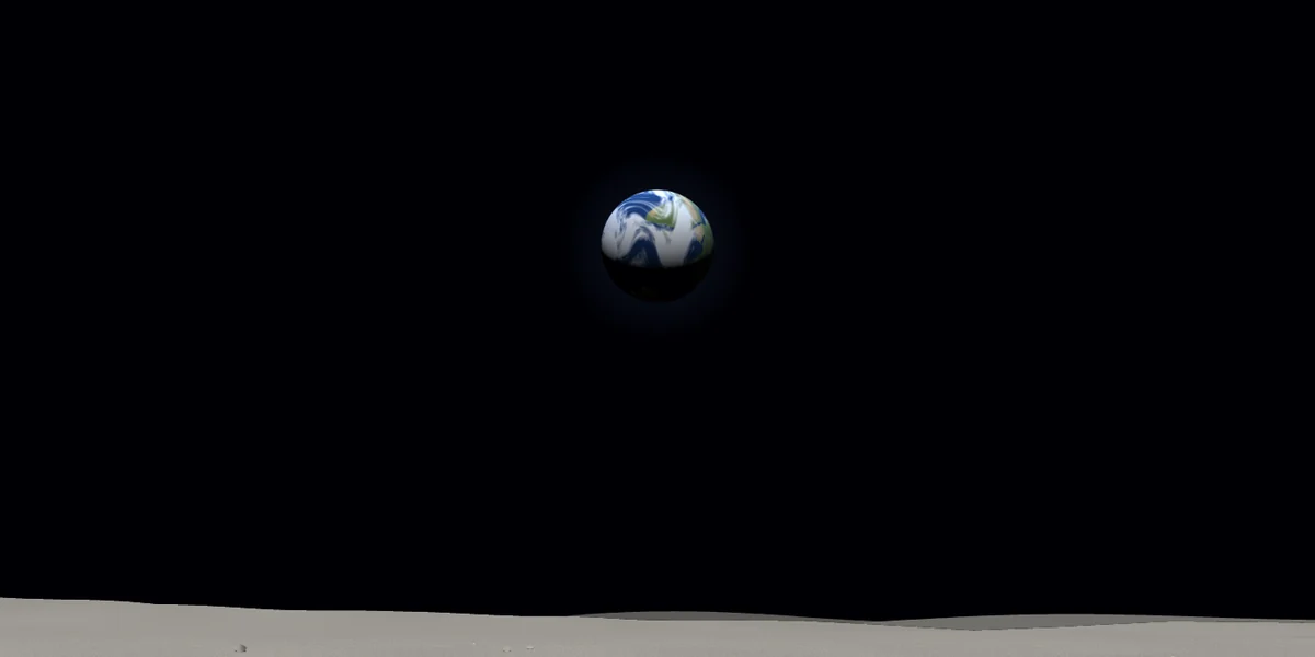 Earth as a small blue and white sphere hanging over a sunlit lunar horizon, the sky above it completely black.