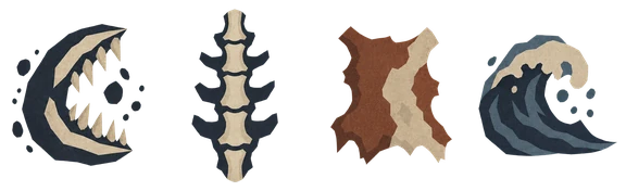The emblems of the worm's four families: maw, bone, hide and brine.