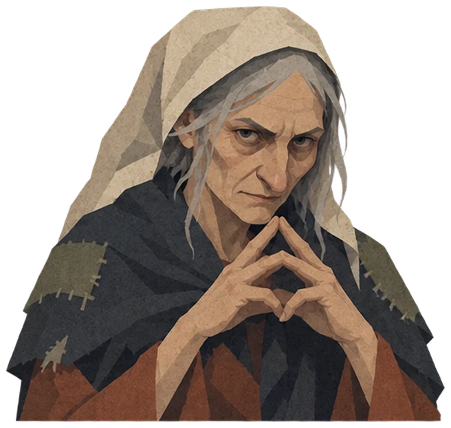 The Hag: an old weathered woman in a patched shawl, fingers steepled.
