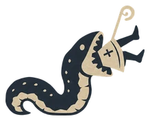 A crude margin drawing: a worm eating a bishop, only his legs and crozier sticking out.