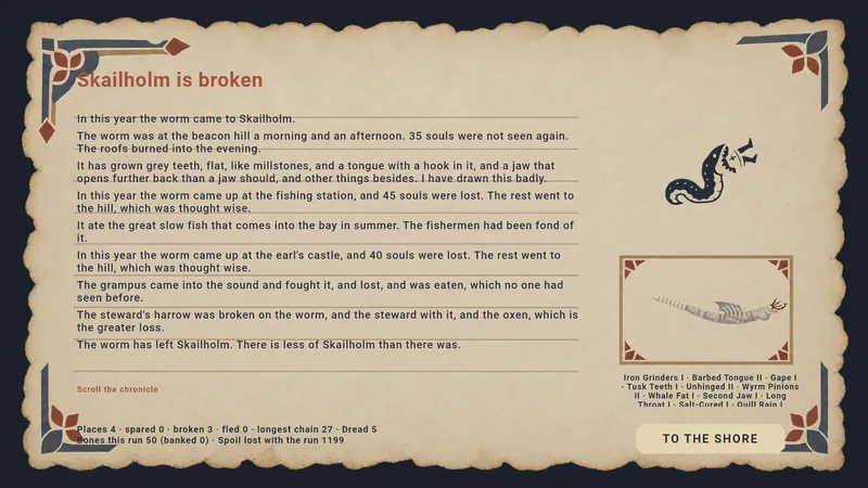 The Annal page: Skailholm is broken, and the monk's chronicle of it.