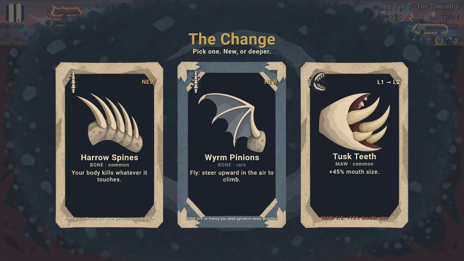 The Change: three cut-paper cards, Harrow Spines, Wyrm Pinions and Tusk Teeth.