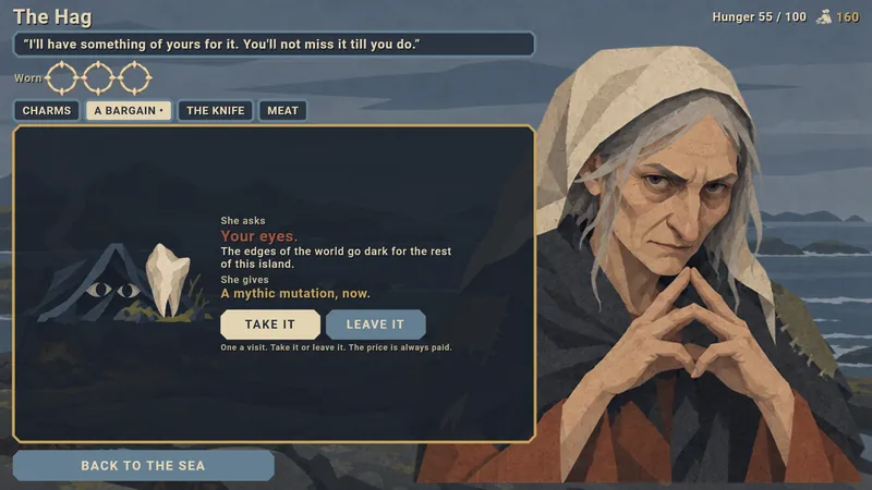 The Hag's stall: she asks for your eyes, and gives a mythic mutation.
