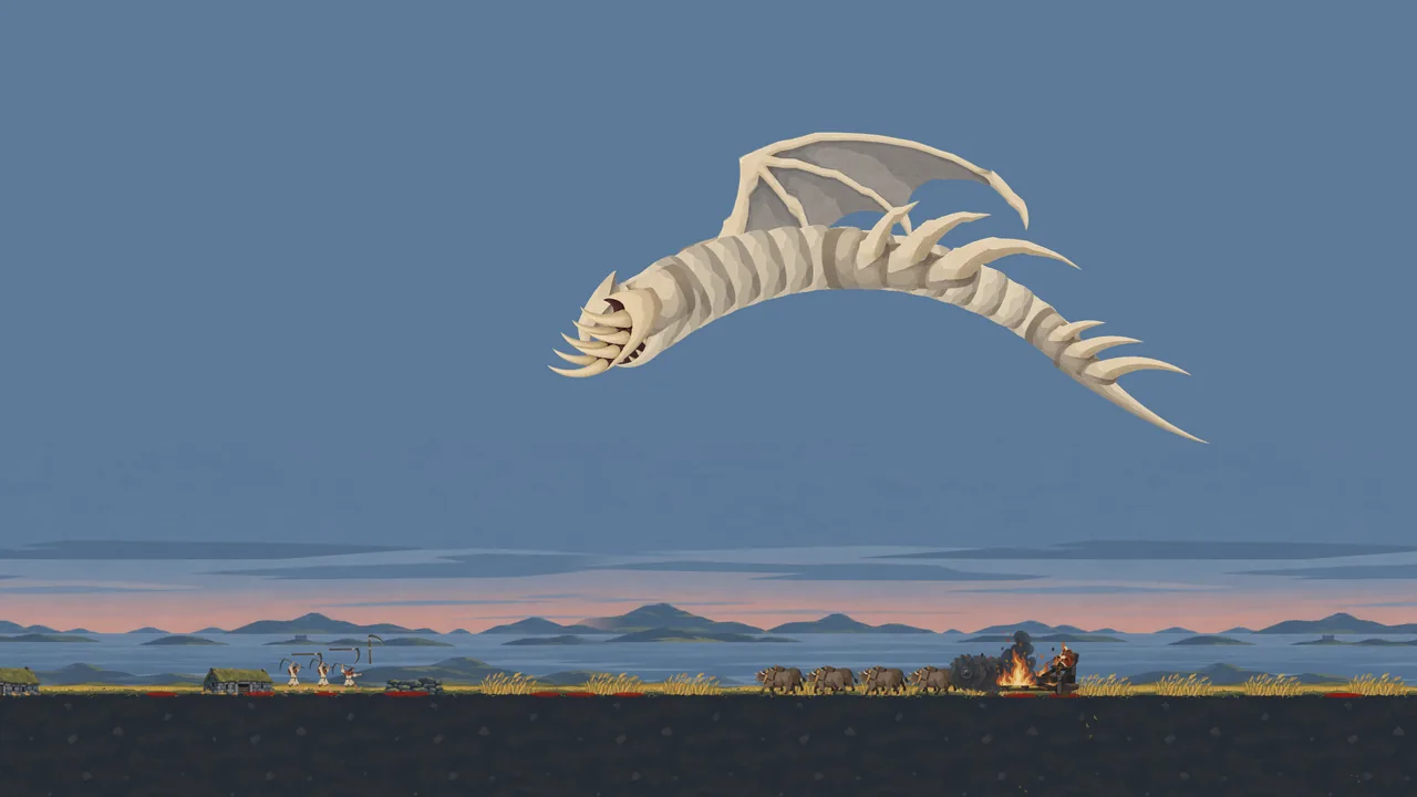 The pale worm on bone wings, high over The Harrow's harvest field at dusk, the oxen and the burning plough below.