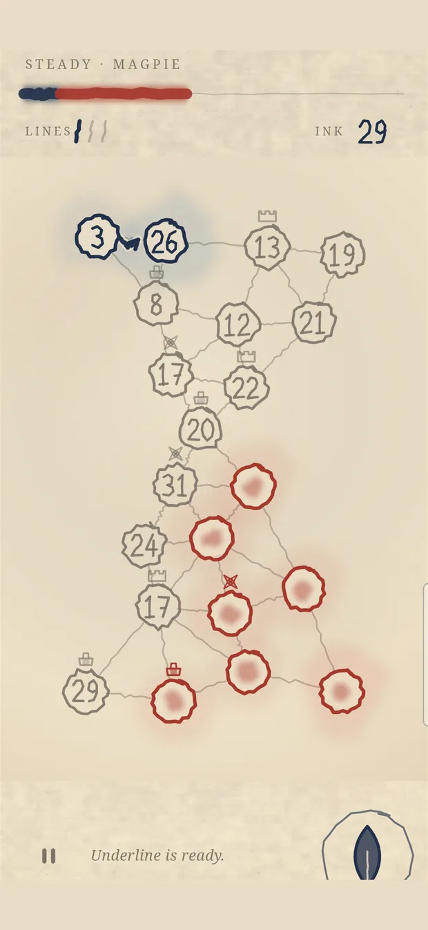 A battle in progress: navy nodes on the left holding a line against red ones, with supply lines drawn between them.
