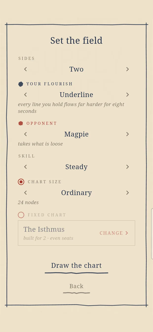 The skirmish setup sheet: number of sides, opponent, skill and chart size.