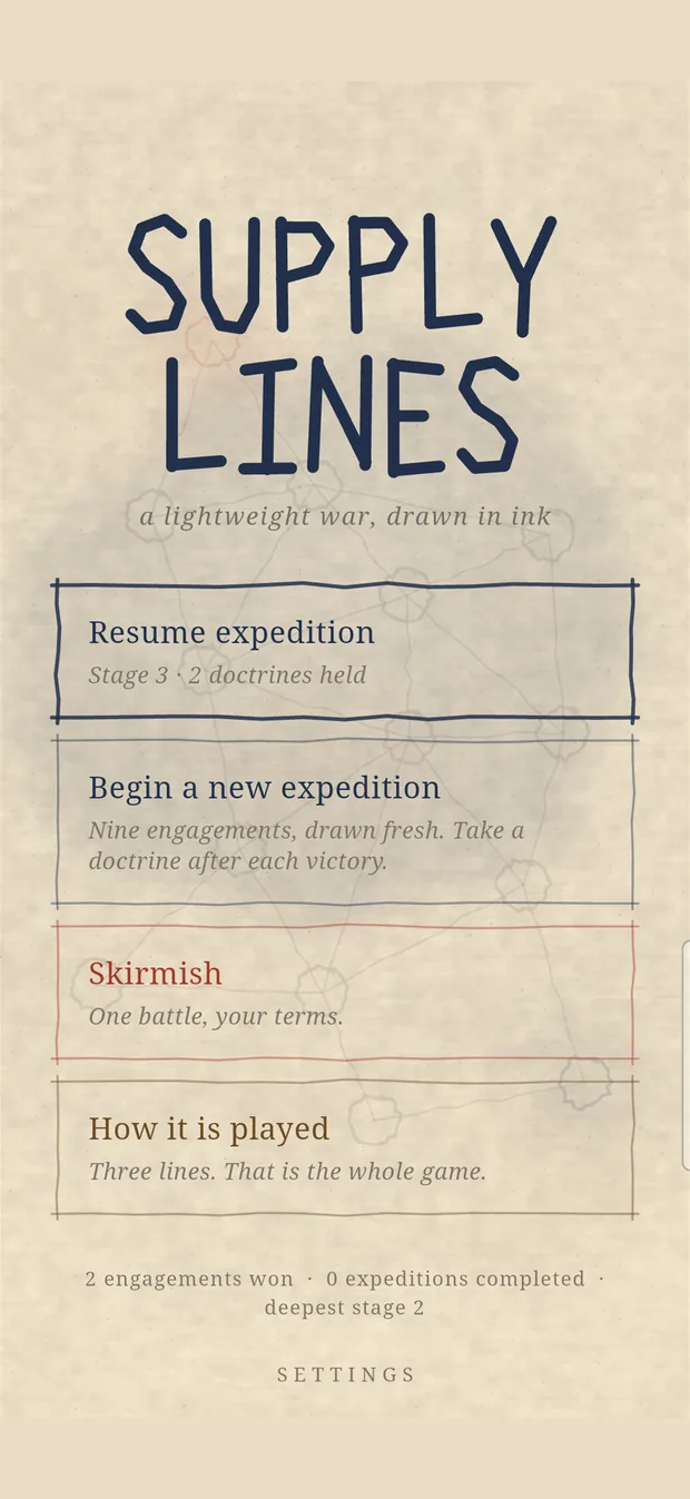 The Supply Lines title screen, the wordmark hand-drawn above four menu cards.